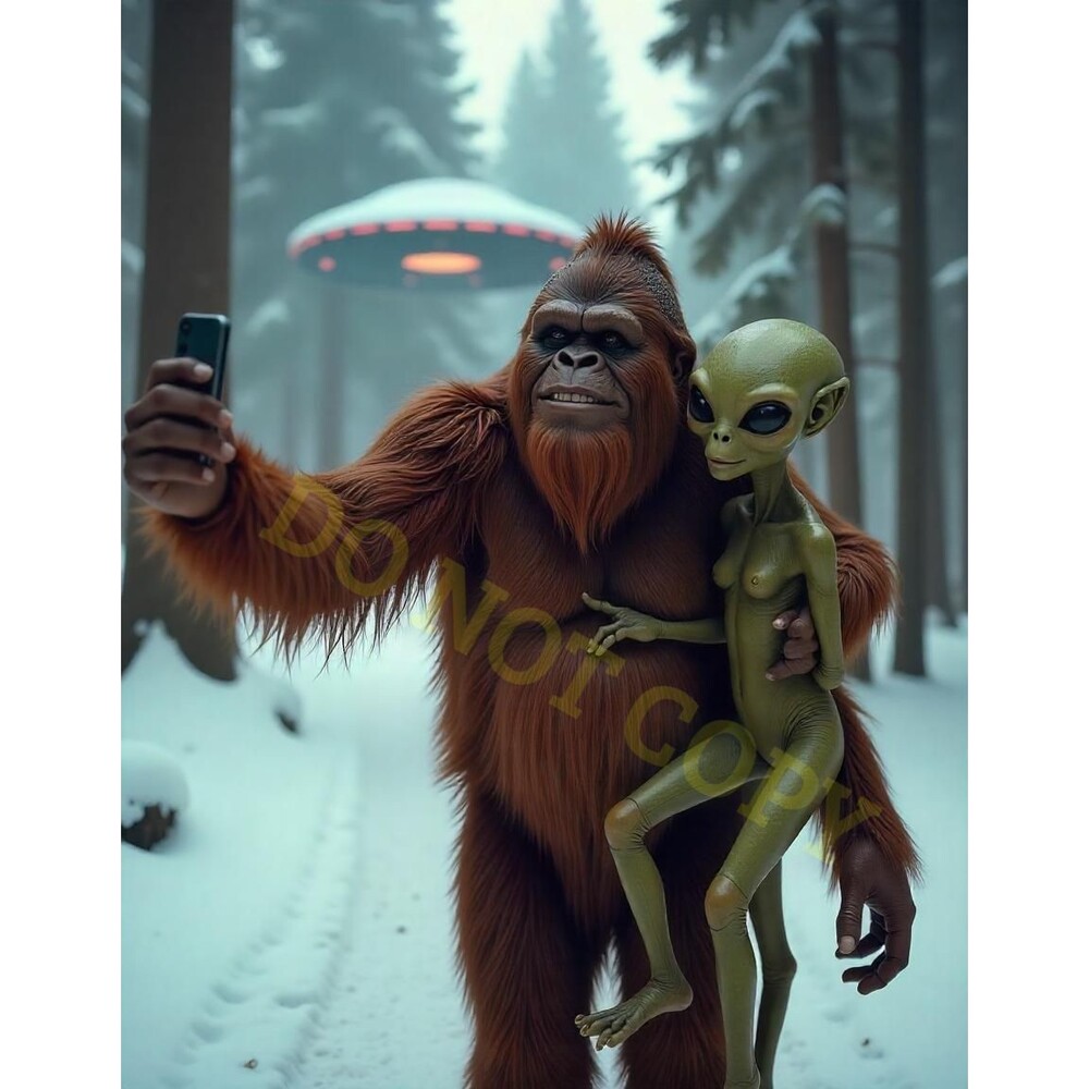 Sasquatch Big Foot Art Print  UFO Alien Artwork Fishing Cabin Wall Decor Gift